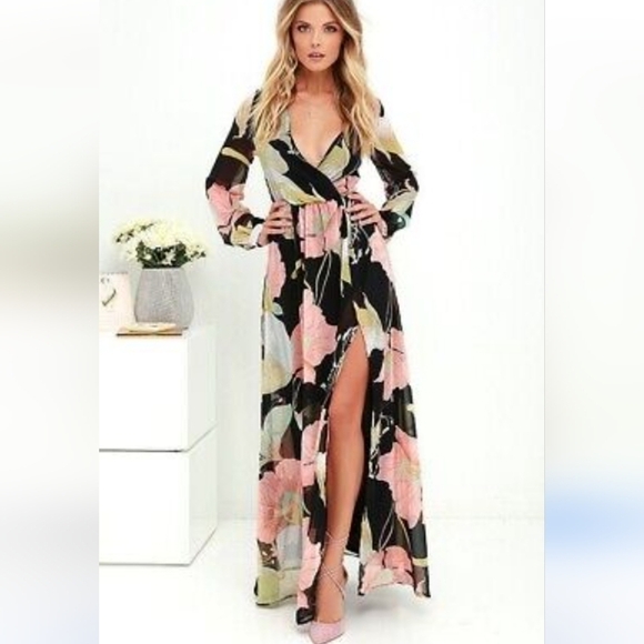 Lulu's Black and Pink Wrap Maxi Dress with Bishop Sleeves - Picture 2 of 10